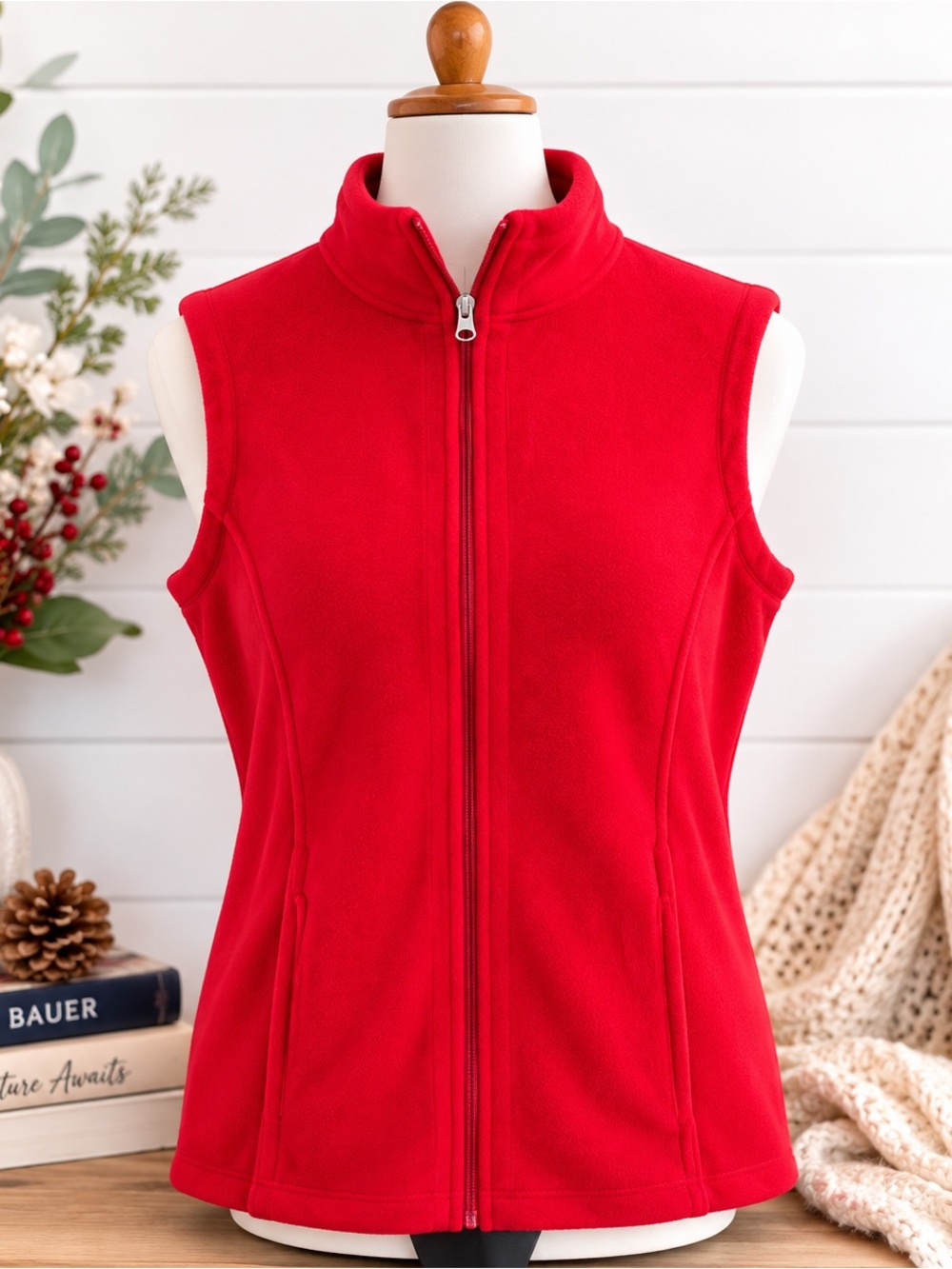 Vintage Laura Scott NWT 1X Red Fleece Vest Full Zip Mock Neck Sears NOS Plus